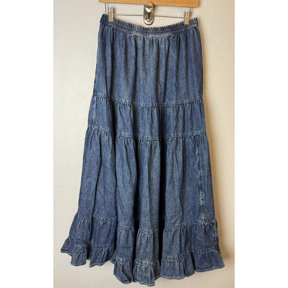 American Eagle Women's Medium TIered Denim Maxi Skirt Y2K Style Boho Western - Picture 1 of 4